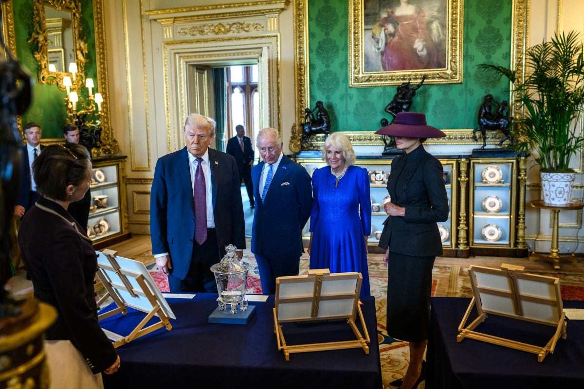 President Donald Trump and First Lady Melania Trump view a collection of American-related items from the royal collection with King Charles III and Queen Camilla in the Green Drawing Room at Windsor Castle in Windsor, England on Wednesday, September 17, 2025. (Official White House Photo by Daniel Torok) President Donald Trump and First Lady Melania Trump view a collection of American-related items from the royal collection with King Charles III and Queen Camilla in the Green Drawing Room at Windsor Castle in Windsor, England on Wednesday, September 17, 2025. (Official White House Photo by Daniel Torok)