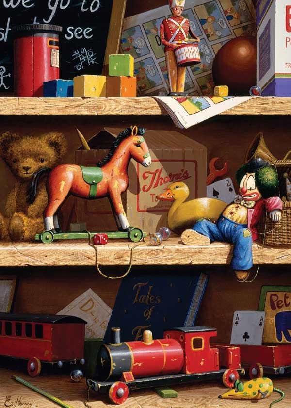 This may contain: there are many toys on the shelves in this room