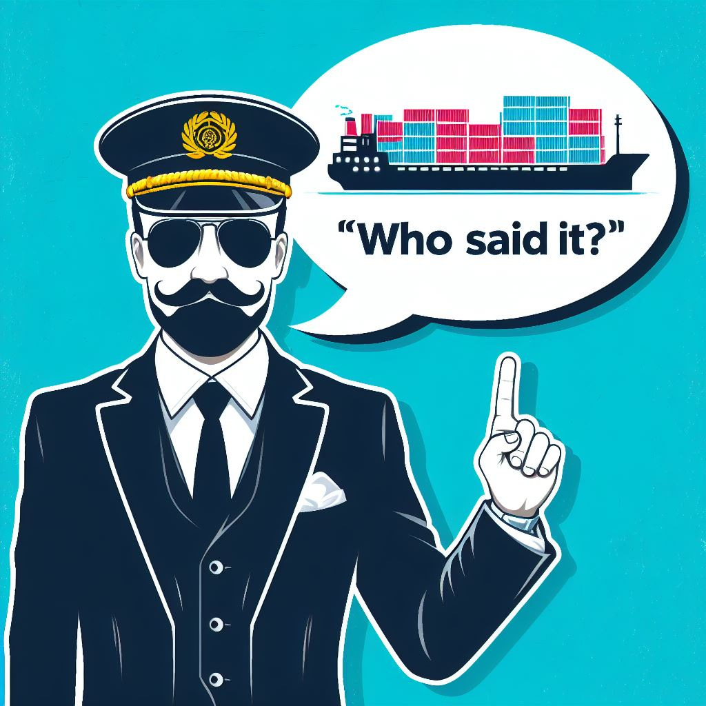 A speech bubble with a quote from a famous person in the container shipping industry with the title 'Who Said It?' A speech bubble with a quote from a famous person in the container shipping industry with the title 'Who Said It?'