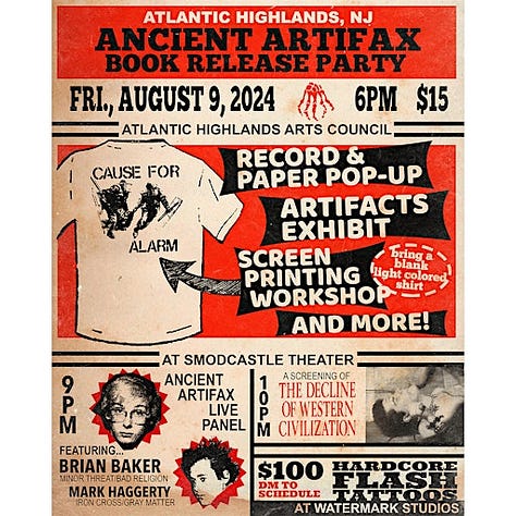 Flyers for the August 2024 Ancient Artifax book release events.