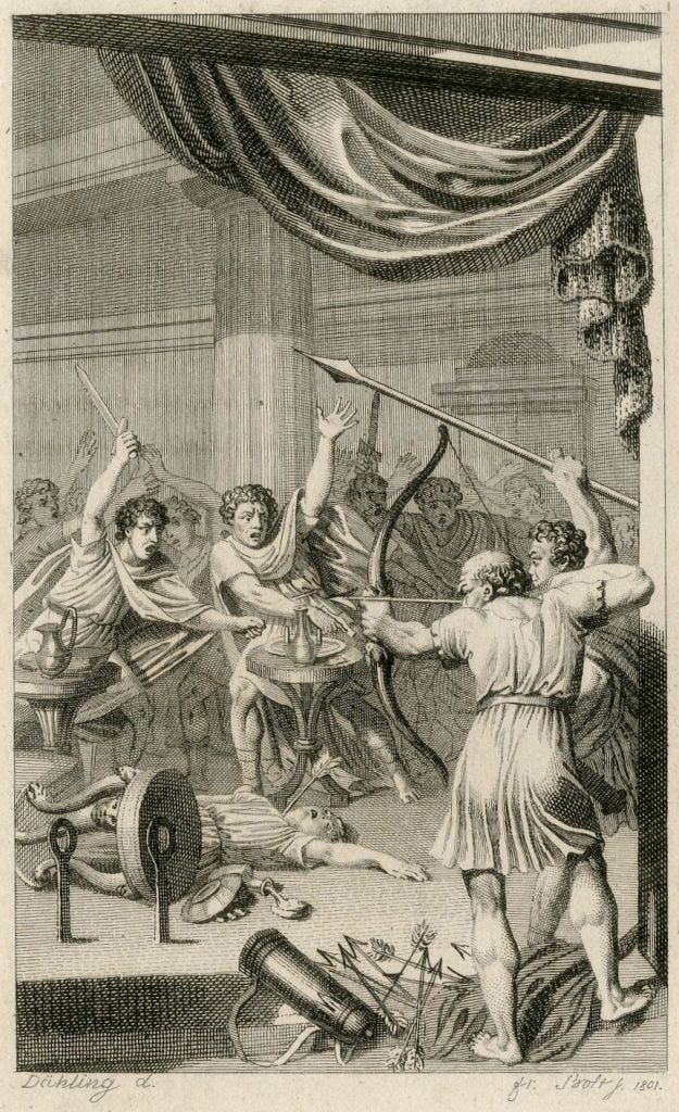 Engraving: Odysseus slaying the suitors Engraving: Odysseus slaying the suitors