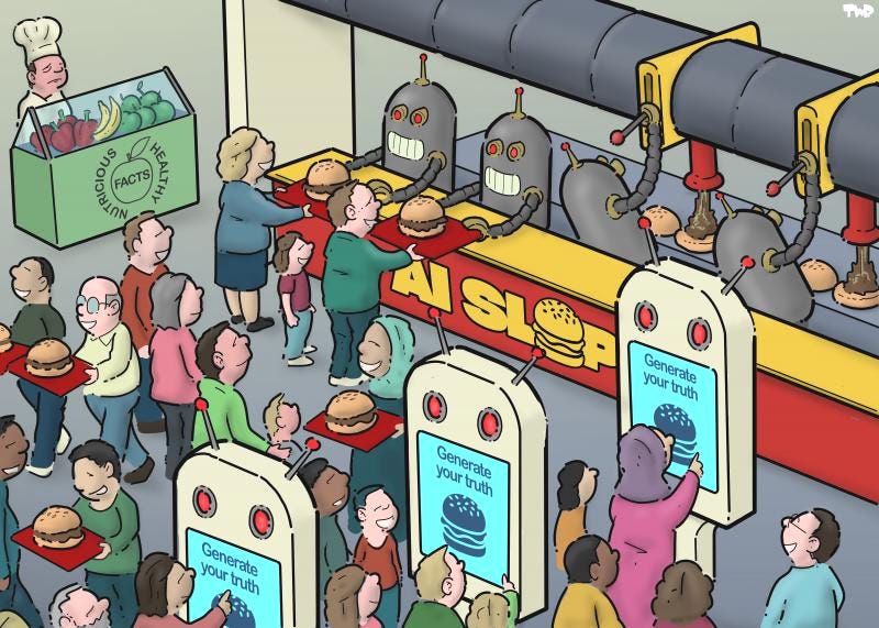 Cartoon showing the inside of a fast food restaurant with lots of people waiting for food. The logo on the counter reads 'AI slop'. People are ordering from large screens that have the logo of a hamburger on it and the text 'Generate your truth'. Behind the counter two robots are filling buns with brown slop that comes from a large pipe overhead. To the side a small fruit & salad bar is ignored by everyone; it has the logo of an apple with the text: 'Facts: nutricious & healthy'. Cartoon showing the inside of a fast food restaurant with lots of people waiting for food. The logo on the counter reads 'AI slop'. People are ordering from large screens that have the logo of a hamburger on it and the text 'Generate your truth'. Behind the counter two robots are filling buns with brown slop that comes from a large pipe overhead. To the side a small fruit & salad bar is ignored by everyone; it has the logo of an apple with the text: 'Facts: nutricious & healthy'.