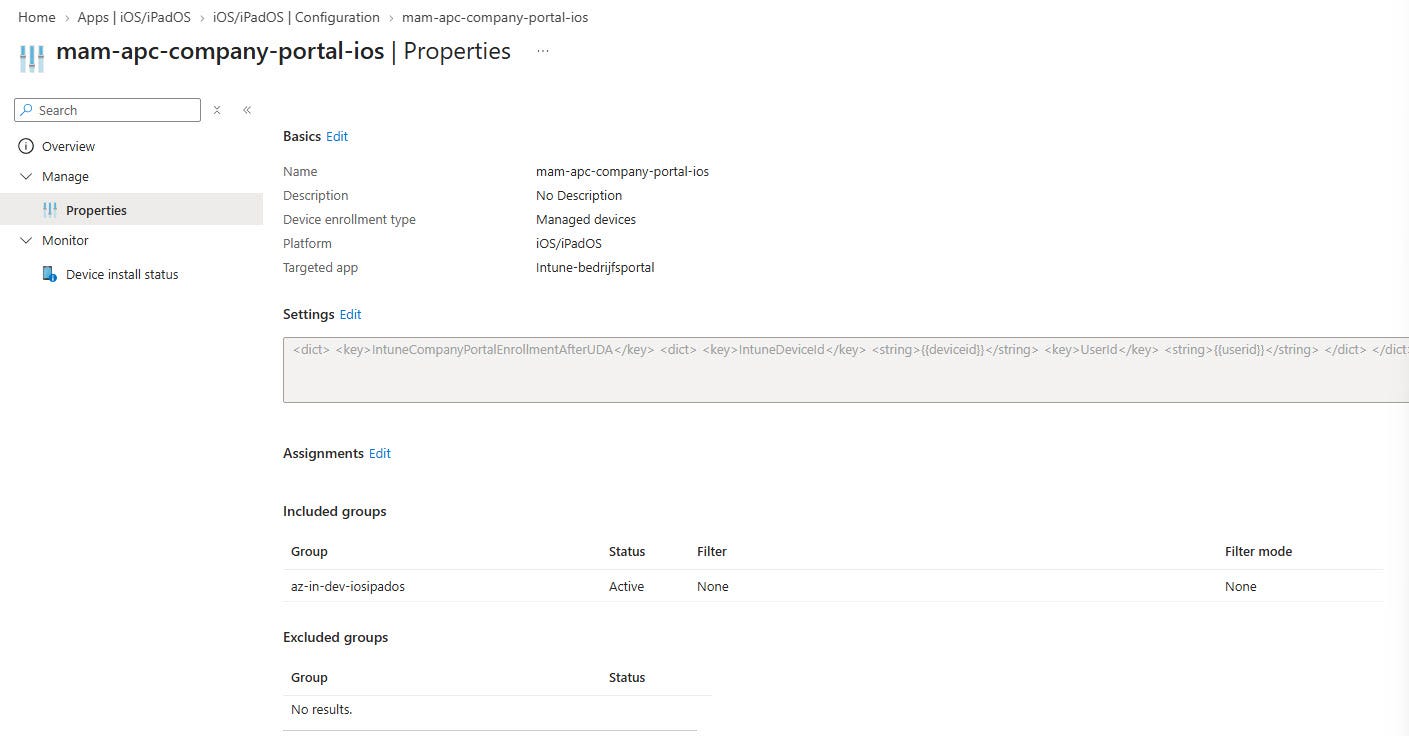 Screenshot of the app configuration policy, targeting the same group Screenshot of the app configuration policy, targeting the same group