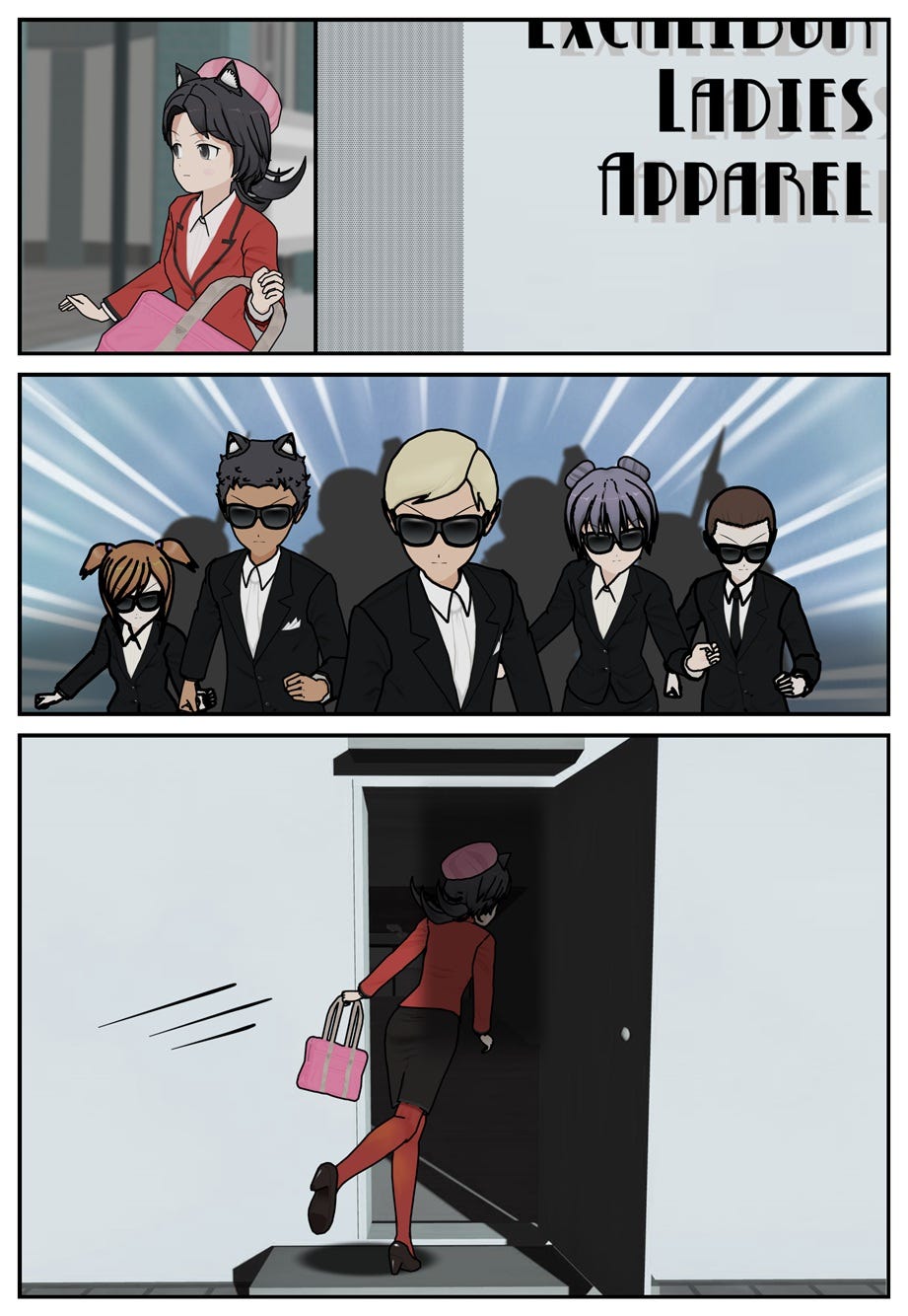 Rae sees a ladies' apparel store and ducks inside to hide from the crowd.