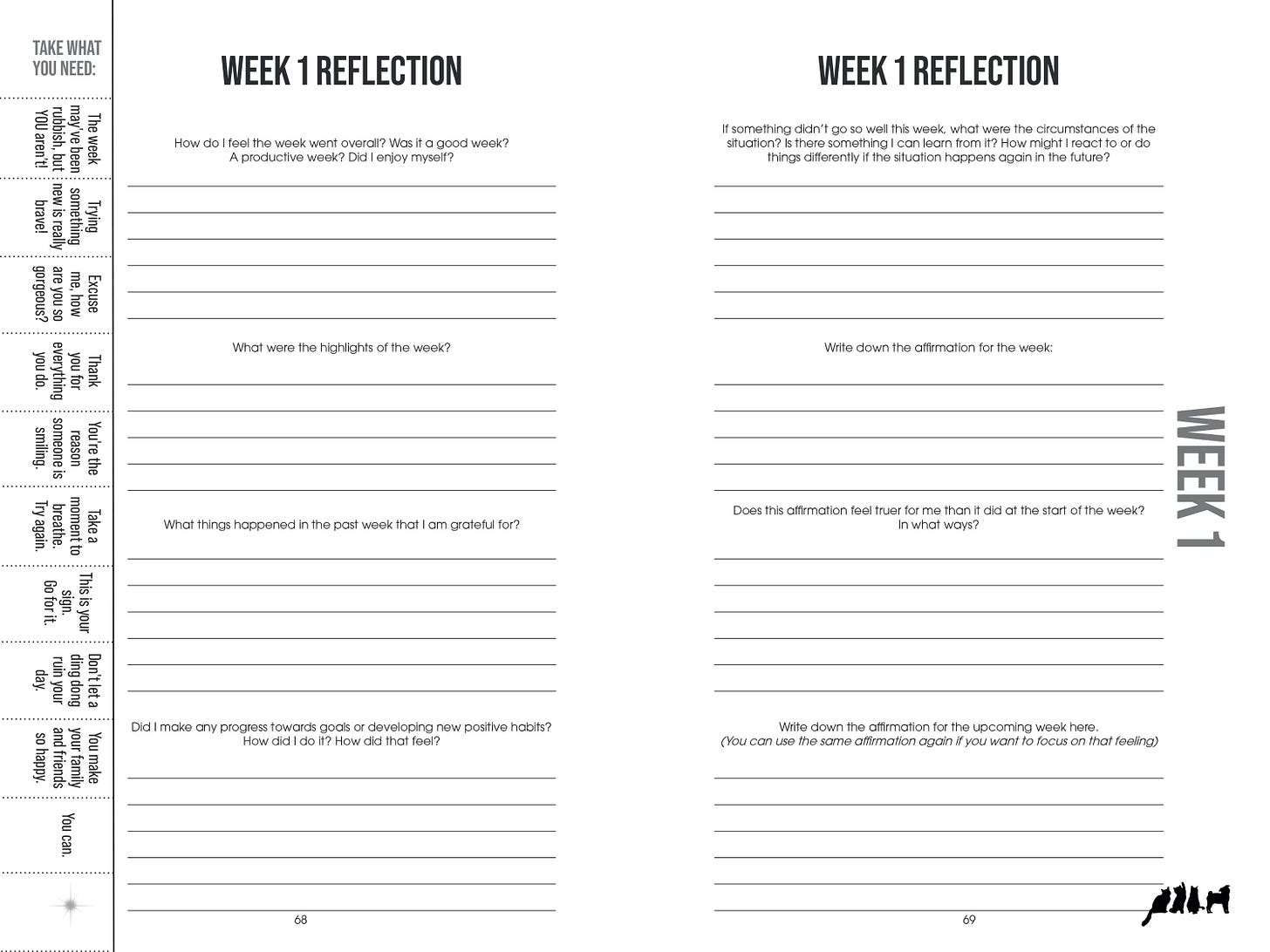 Inside example page of The Feel Good NOW Journal - Week 1 Reflection pages