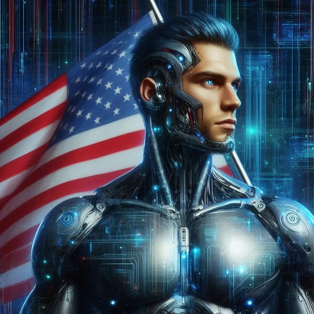 A handsome, high-tech cyborg proudly waves an American flag against a cyberspace background of glowing circuitry. Slight impressionist style. A handsome, high-tech cyborg proudly waves an American flag against a cyberspace background of glowing circuitry. Slight impressionist style.