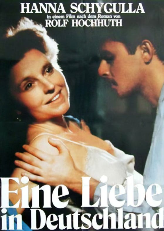The German poster for Andrzej Wajda's 'A Love in Germany', based on a colour image of Paulina (Hanna Schygulla) in an adulterous clinch with Stanisław (Piotr Łysak) at a time when such relationships between Germans and Poles were strictly forbidden. The German poster for Andrzej Wajda's 'A Love in Germany', based on a colour image of Paulina (Hanna Schygulla) in an adulterous clinch with Stanisław (Piotr Łysak) at a time when such relationships between Germans and Poles were strictly forbidden.