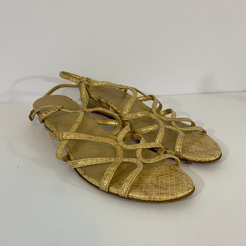 Stuart Weitzman Tan Snake Print Leather Strappy Wedge Open Toe Sandals Womens 9 - Picture 1 of 6