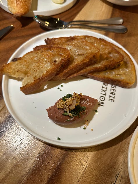 1. blood sausage wonton, 2. pâté , 3. baguette and butter, 4. duck, 5. steak frites, 6. pot de creme and creme brûlée