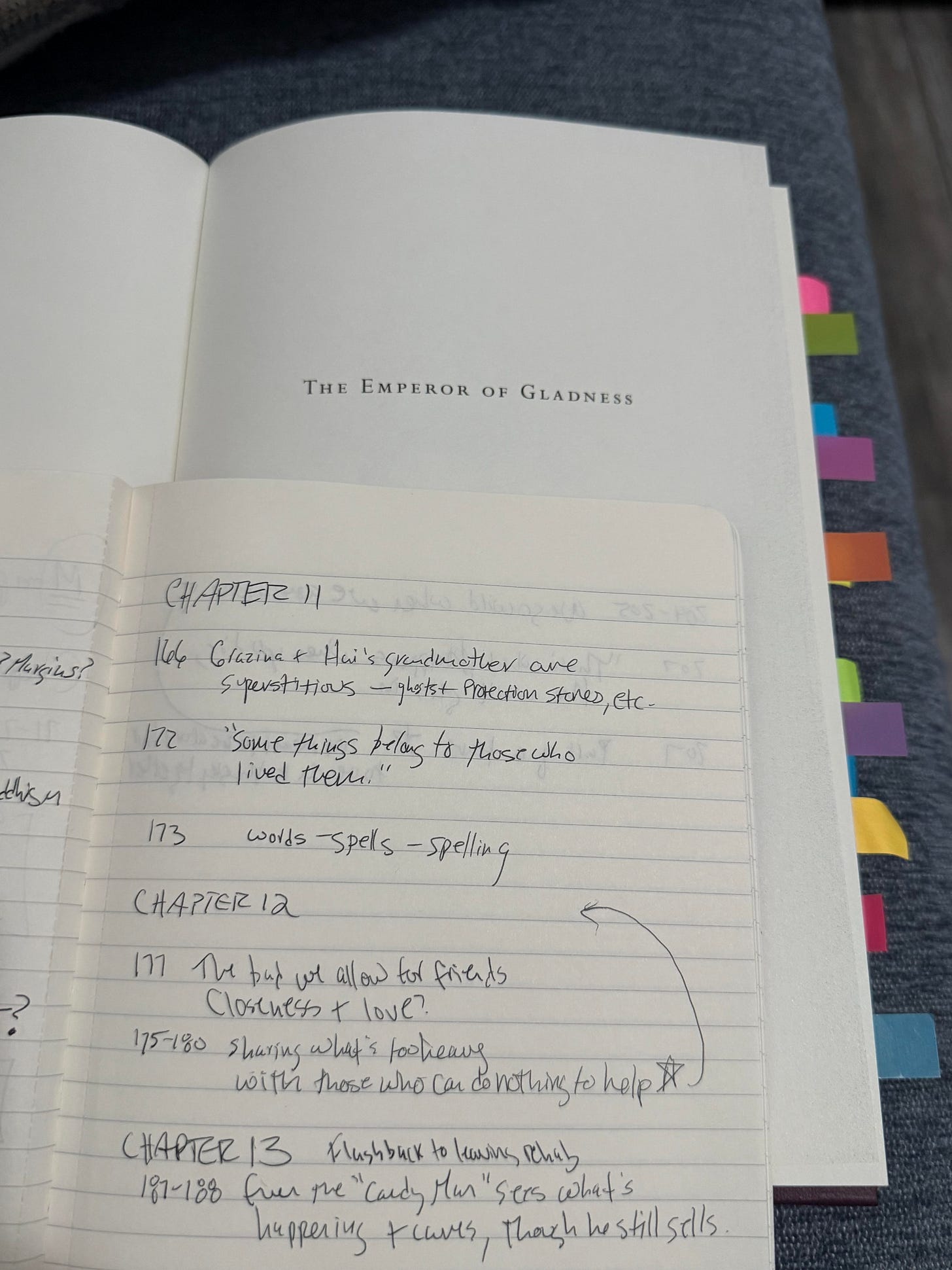 Lined notebook with notes in black ink sitting atop book. 