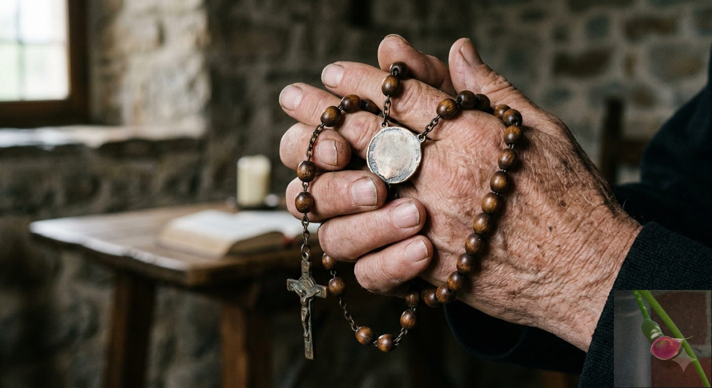 Hands holding a worn rosary — the wooden  beads smooth, the medal rubbed nearly blank