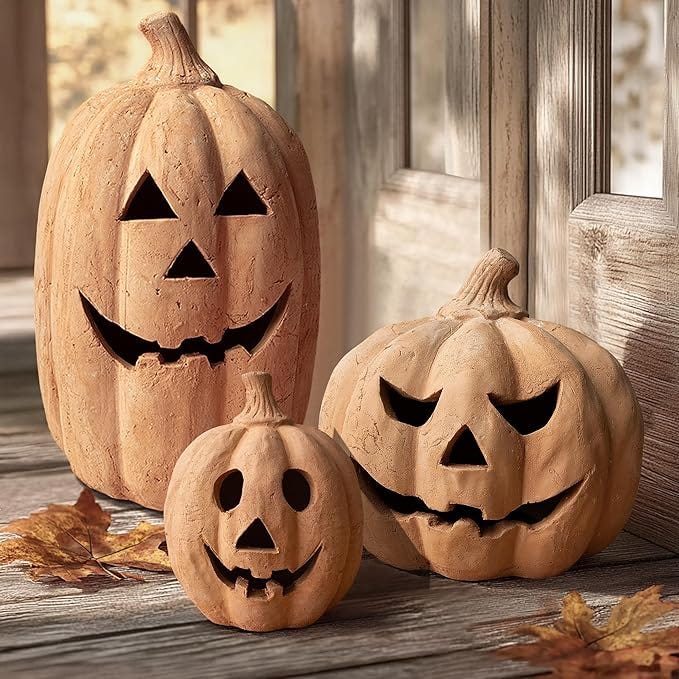 Fall Decor - Halloween Decorations - Handmade Terracotta Pumpkin Jack O&#39; Lantern Outdoor Indoor - Cute Halloween Autumn Farmhouse Table Festival Decoration for Home Porch Front Door Mantel Room(Small)