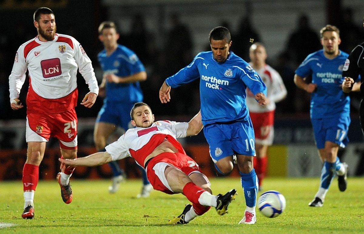 John Mousinho and Wayne Routledge during the FA Cup game between Newcastle  and Stevenage. Broadhall Way, January 2011. - Planet Football