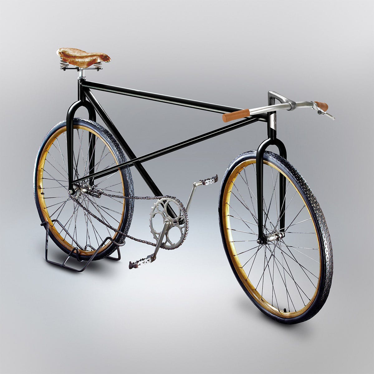 A bike where the back spoke directly connects to the handle bar spoke, and there is a bar from the seat post that connects to the pedals. 