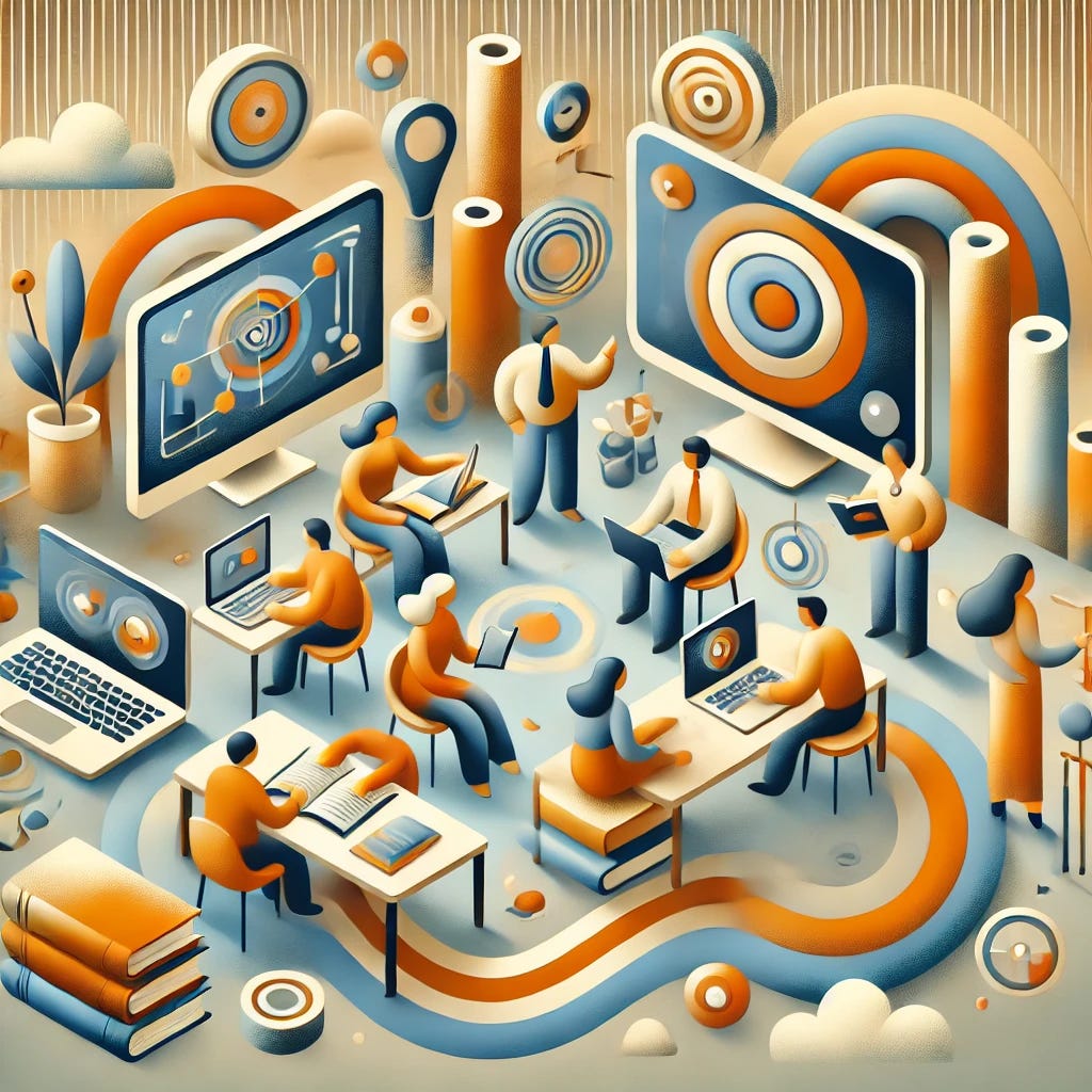 An abstract, playful digital artwork representing corporate learning and professional development, designed in a style inspired by Pixar. The scene features friendly, stylized human characters collaborating around books, laptops, and interactive screens in a bright, modern office. The color palette includes warm oranges, soft blues, and cheerful neutrals. The design is characterized by smooth, rounded shapes, expressive characters, and a sense of optimism and creativity, capturing the energy of learning and teamwork in a professional setting.