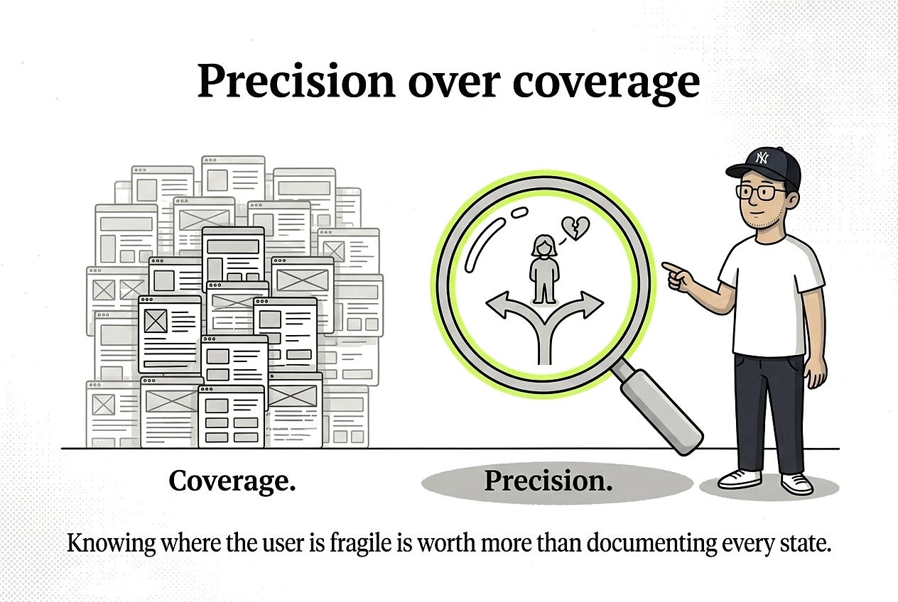 Two columns compared. Left: a faded stack of 47 wireframe frames labeled “Coverage.” Right: a magnifying glass over a single user moment with a fragile heart icon, labeled “Precision.” Designer points to the right. Lime green highlights the magnifying glass. Represents the shift from comprehensive specification to targeted interpretive judgment.