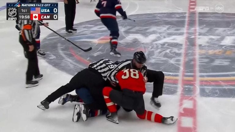 Source: SNTV No archive. No use after 18/02/2025
Still from footage of NHL game between United States and Canada at the 4 Nations Face-Off in Montreal. match started with three fights in the first nine seconds