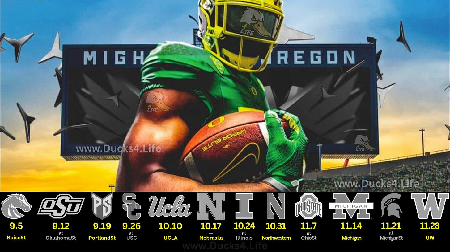 2026 Oregon Ducks football schedule graphic featuring Boise State, Oklahoma State, USC, UCLA, Nebraska, Ohio State, Michigan, Michigan State and Washington. Deals on seats, fan gear, and premium Oregon Ducks football coverage at www.Ducks4.Life 2026 Oregon Ducks football schedule graphic featuring Boise State, Oklahoma State, USC, UCLA, Nebraska, Ohio State, Michigan, Michigan State and Washington. Deals on seats, fan gear, and premium Oregon Ducks football coverage at www.Ducks4.Life