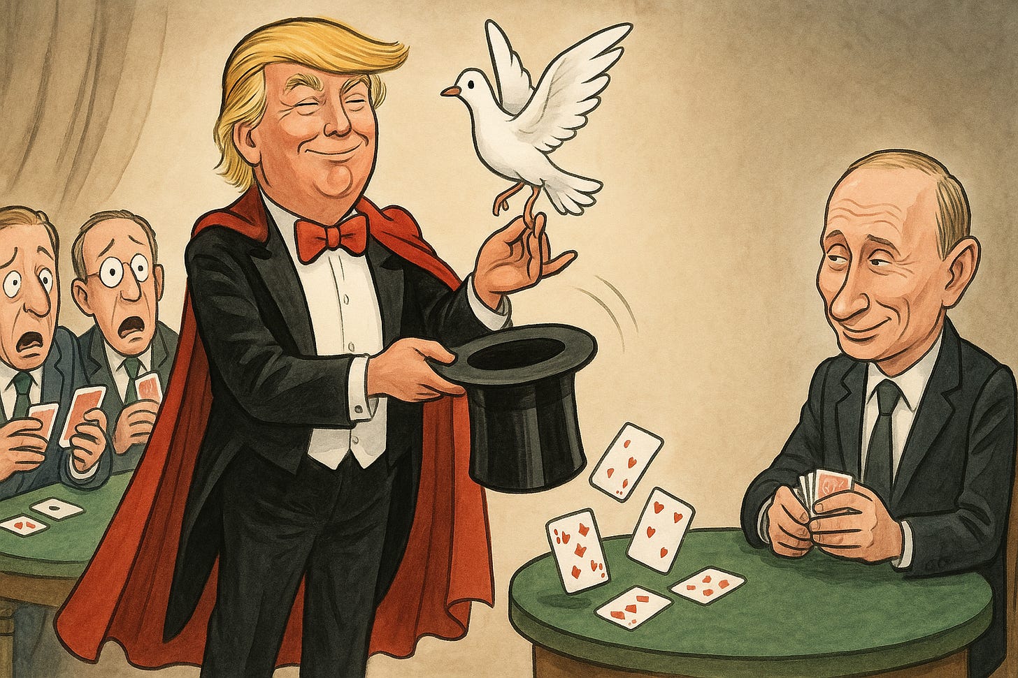 Political cartoon by DALL·E depicting Donald Trump as a magician pulling a white dove from a top hat, while caricatured European leaders at a poker table look shocked as their cards slip away, and Vladimir Putin smirks while reshuffling his deck.