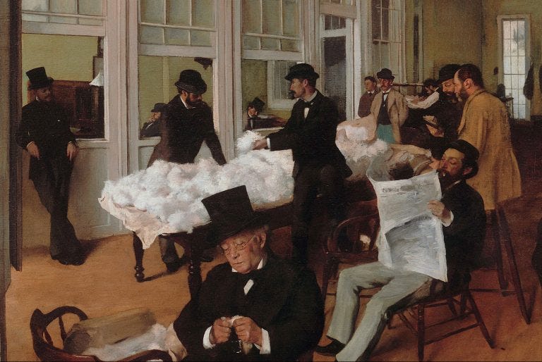 Edgar Degas New Orleans: Edgar Degas, A Cotton Office in New Orleans or The Cotton Exchange, 1873, Musée des Beaux-Arts de Pau, Pau, France. Detail.
