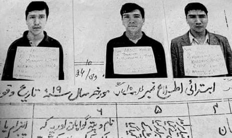 Police mugshots, annotated in Arabic-like script, of three Uyghur men Police mugshots, annotated in Arabic-like script, of three Uyghur men