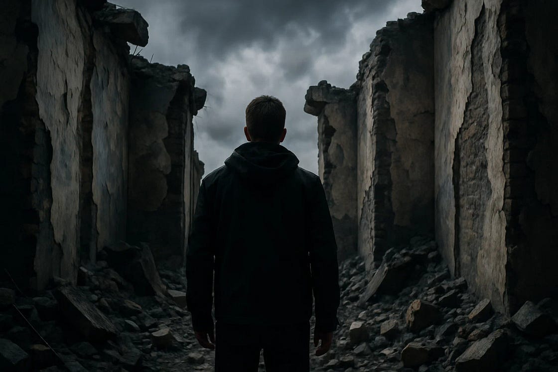 A man in a dark hoodie stands alone in the ruins of a crumbling stone structure, surrounded by rubble under a stormy, overcast sky. The atmosphere is heavy and somber, evoking themes of loss, isolation, and reflection. A man in a dark hoodie stands alone in the ruins of a crumbling stone structure, surrounded by rubble under a stormy, overcast sky. The atmosphere is heavy and somber, evoking themes of loss, isolation, and reflection.