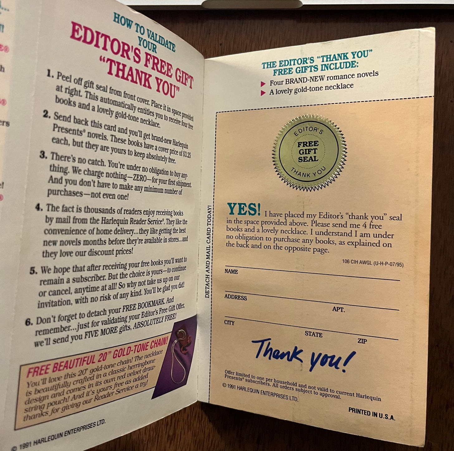 Image from the tearaway cards in the middle of the book advertising a free gift if you send away for a subscription Image from the tearaway cards in the middle of the book advertising a free gift if you send away for a subscription