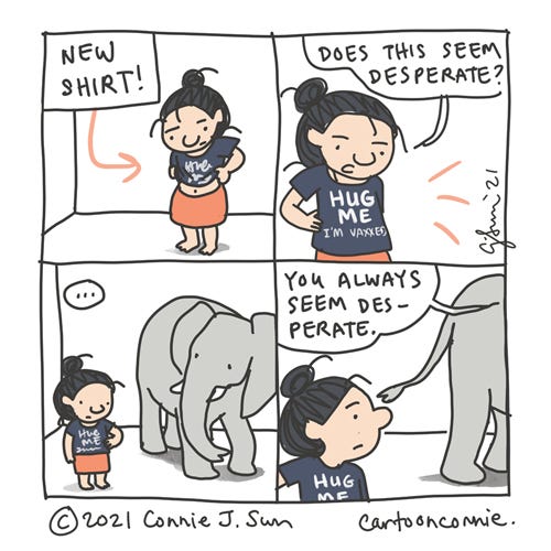 Comic strip about hugging, social contact, and desperation after a pandemic, sketchbook drawing by Connie Sun, cartoonconnie