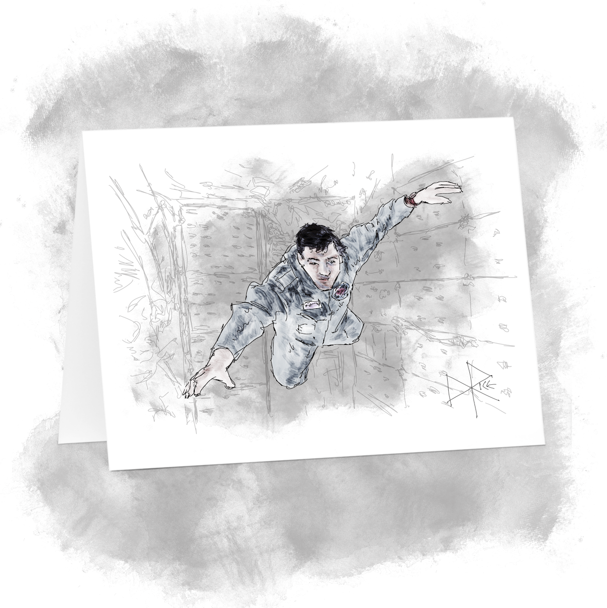 Floating weightless in space, Marc Garneau was a Canadian Armed Forces officer, astronaut, and politician. He was the first Canadian to reach space on October 5, 1984, when Space Shuttle Challenger flew into low-Earth orbit. Sketch art by Don Rice. Floating weightless in space, Marc Garneau was a Canadian Armed Forces officer, astronaut, and politician. He was the first Canadian to reach space on October 5, 1984, when Space Shuttle Challenger flew into low-Earth orbit. Sketch art by Don Rice.
