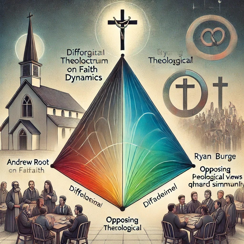 A conceptual illustration of a theological spectrum represented as a simple, clean number line. The spectrum visually represents different theological positions along a horizontal axis without any text or labels. The design is minimalistic, with a gradient shading effect to imply diversity of thought. The background is neutral, and the style is modern and professional.