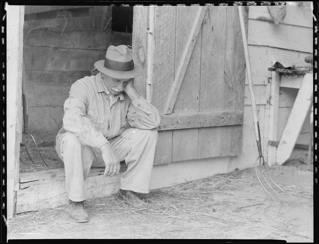Destitute farmer, stricken by drought during the Great Depression. Destitute farmer, stricken by drought during the Great Depression.
