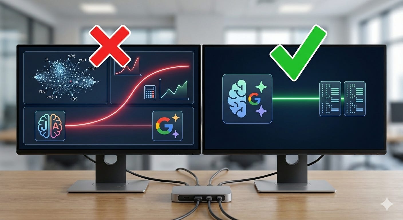 Two computer monitors display contrasting methods. The left shows complex data with an "X"; the right shows a simpler process with a checkmark.
