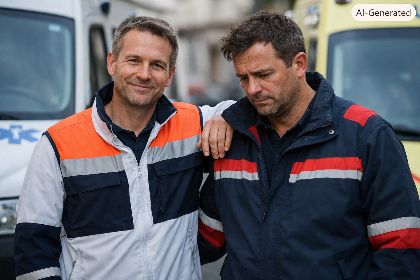 Deux ambulanciers de sociétés différentes debout côte à côte, l’un souriant légèrement, l’autre avec un air soucieux, ambiance réaliste et sobre, symbole de solidarité
