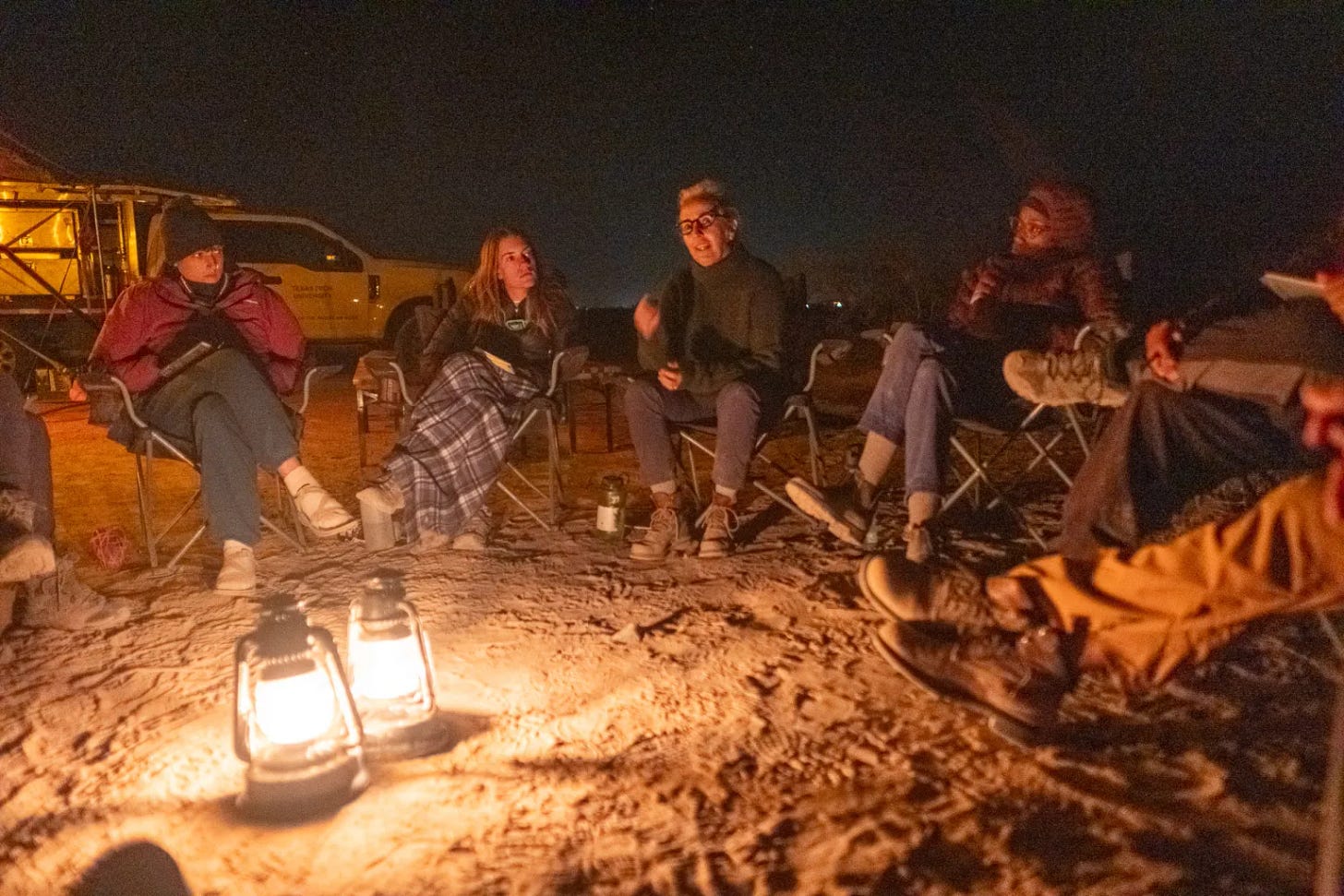 Several people who are dressed warmly in coats, hats, and blankets sit around two lanterns that light up a nighttime camp site. Several people who are dressed warmly in coats, hats, and blankets sit around two lanterns that light up a nighttime camp site.