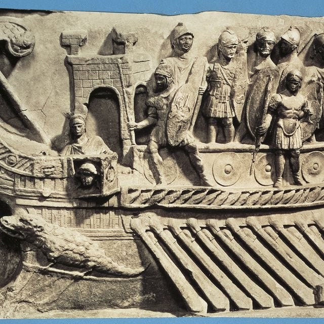 roman civilization, bireme war ship, relief from temple of fortuna primigenia at palestrina, lazio region, italy