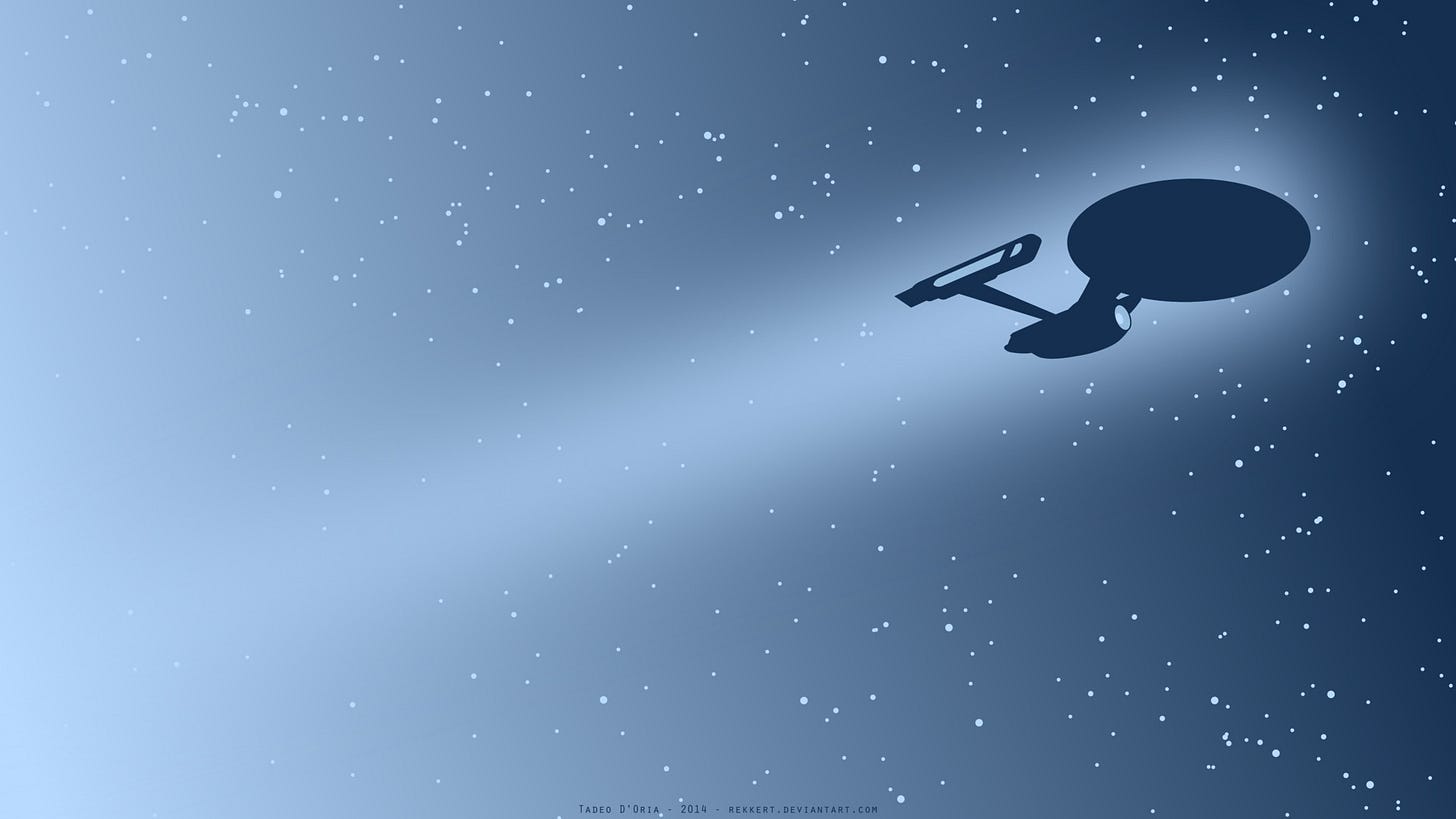 A digital painting depicting the silhouette of the original USS Enterprise against a blue starfield A digital painting depicting the silhouette of the original USS Enterprise against a blue starfield