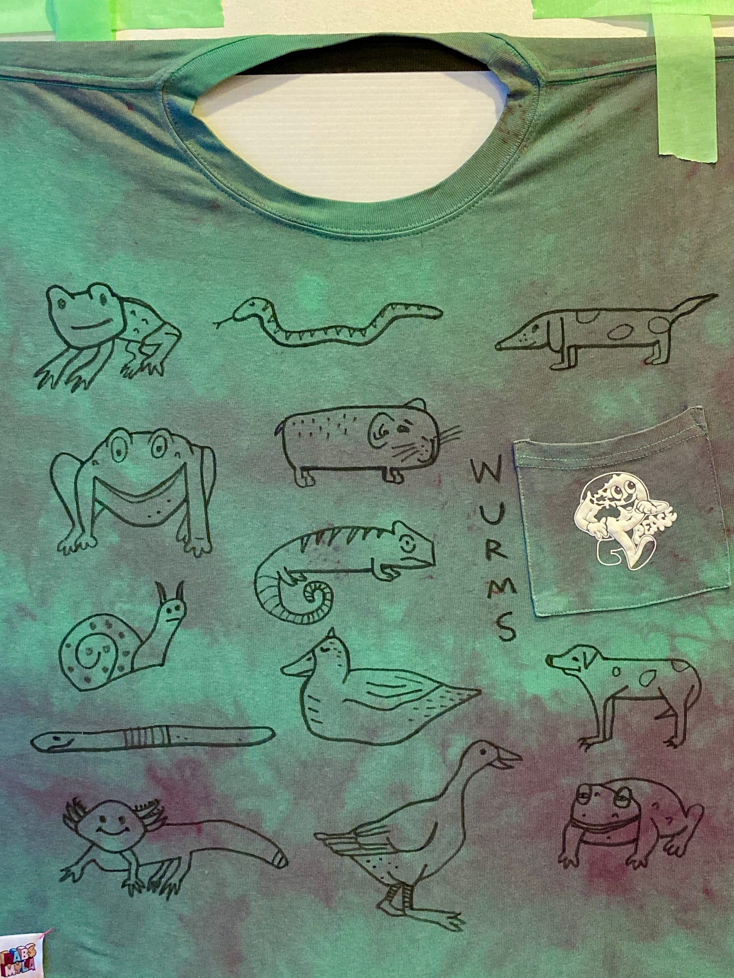 Tie die tee with custom illustration - worm like animals!