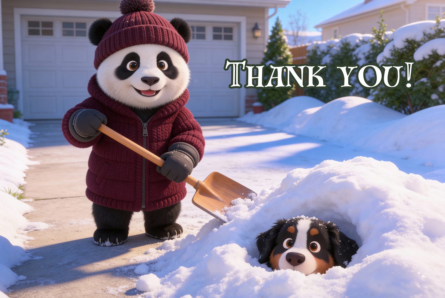 Illustration of smiling cartoon panda shoveling snow off of a driveway as a cartoon puppy plays in the pile of snow