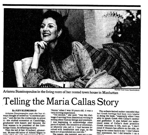A February 23, 1981 Styles feature on Callas biographer, Arianna Huffington (then Stassinopoulos) in the New York Times