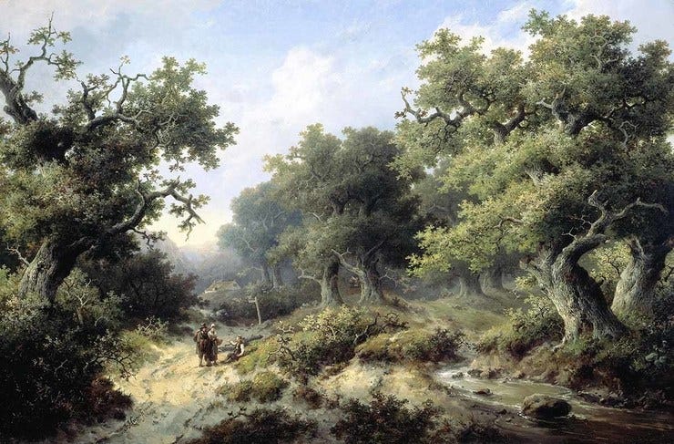 'Boslandschap met reizigers' 1849 - olieverf op doek: Jan Jacob Cremer (herkomst: coll. Rijksmuseum Amsterdam) 'Boslandschap met reizigers' 1849 - olieverf op doek: Jan Jacob Cremer (herkomst: coll. Rijksmuseum Amsterdam)