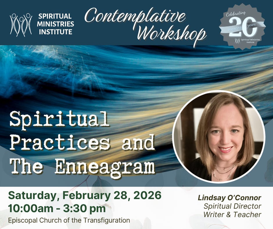 A graphic advertising an event put on by Spiritual Ministries Institute called Spiritual Practices and the Enneagram on 2/28/25 from 10:00 am - 3:00 pm at the Episcopal Church of the Transfiguration in Dallas, TX, taught by Lindsay A graphic advertising an event put on by Spiritual Ministries Institute called Spiritual Practices and the Enneagram on 2/28/25 from 10:00 am - 3:00 pm at the Episcopal Church of the Transfiguration in Dallas, TX, taught by Lindsay