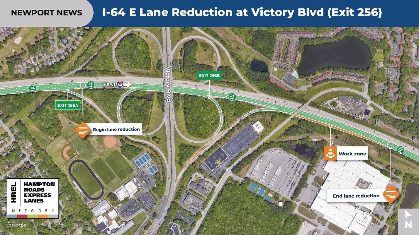 I-64 east lane reduction at Victory Blvd (Exit 256) I-64 east lane reduction at Victory Blvd (Exit 256)