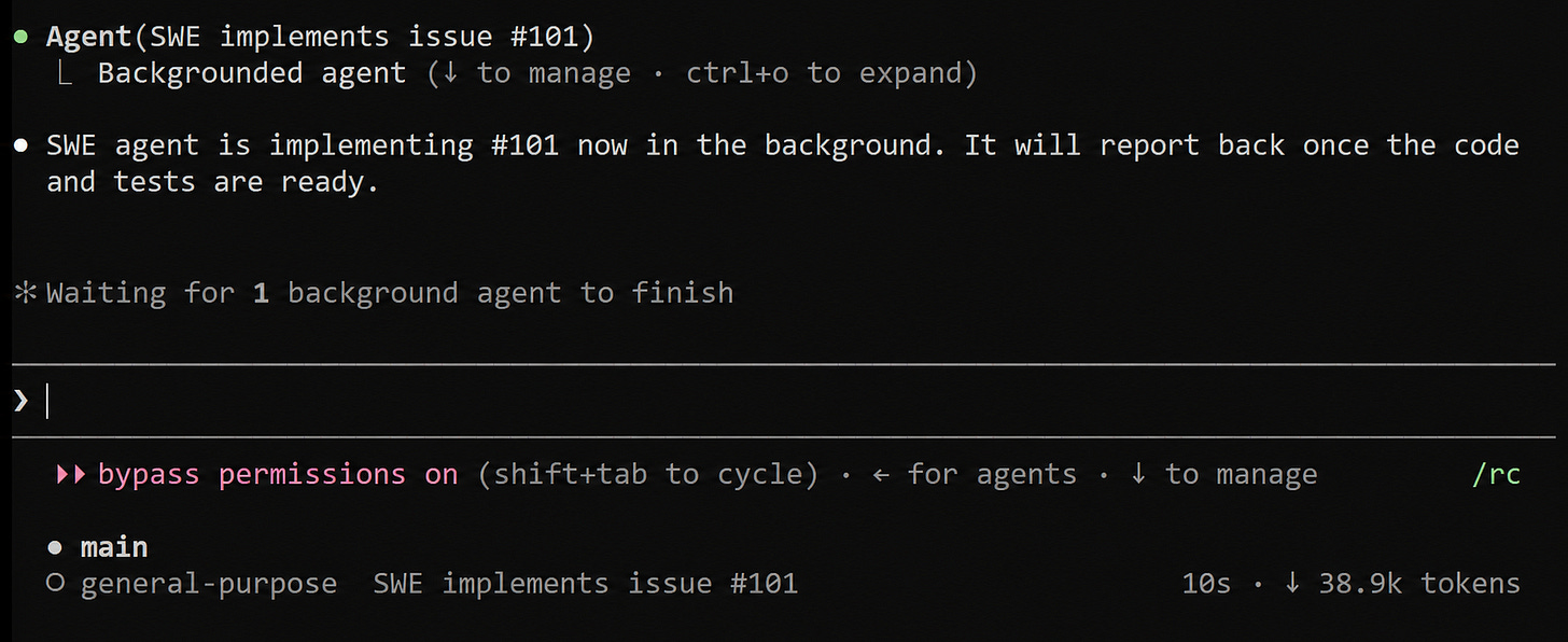 A coding assistant shows a main session with a backgrounded general-purpose subagent implementing issue 101