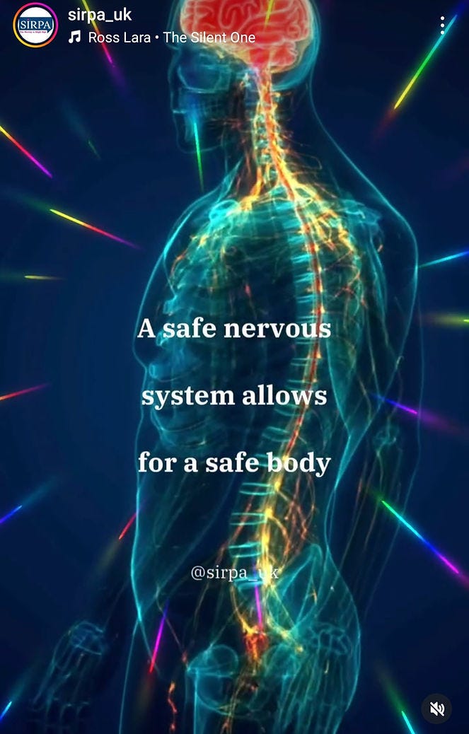 Illustration of a human nervous system glowing with colorful lines against a dark background. Text reads: "A safe nervous system allows for a safe body."