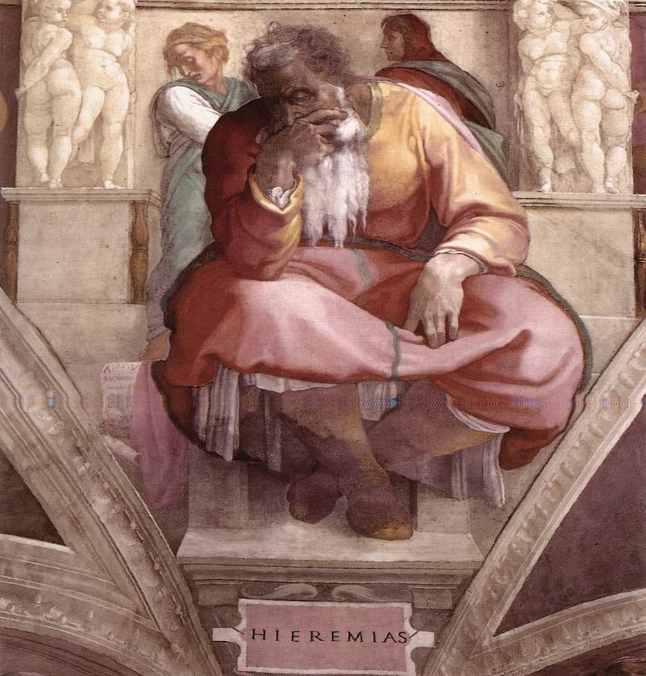 Michelangelo’s fresco of the prophet Jeremiah on the Sistine Chapel ceiling Michelangelo’s fresco of the prophet Jeremiah on the Sistine Chapel ceiling