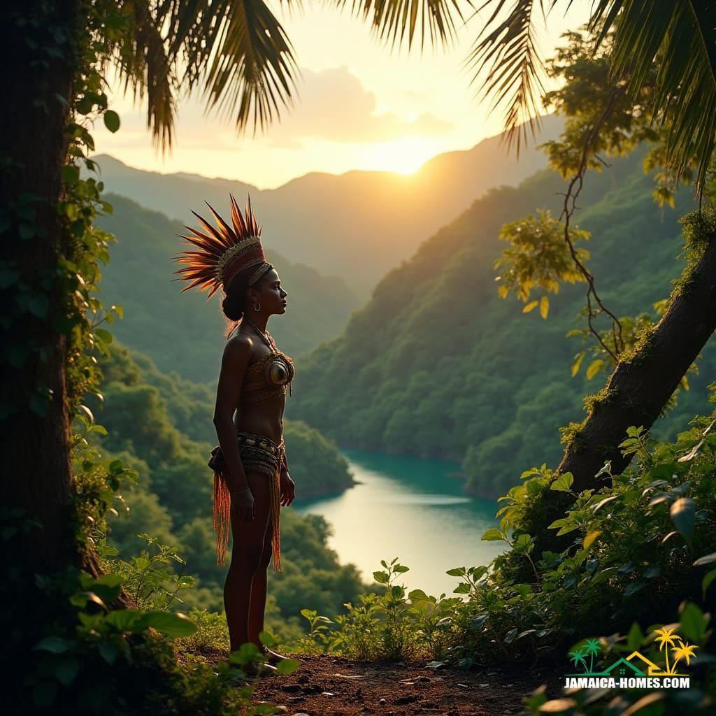 A young Arawak woman stands at the edge of a lush Jamaican forest, surrounded by towering trees and winding vines, with a serene lake in the background, its surface reflecting the vibrant hues of the tropical sky. She is adorned in traditional Taino attire, with intricate feathered headdress and ornate shell jewelry, gazing out at the breathtaking scenery with a sense of deep connection and reverence. Cinematic film still, shot on v-raptor XL, with pronounced film grain, subtle vignette, and deliberate color grading, evoking the warm, golden tones of a Caribbean sunset, post-processed to accentuate the textures and depth of the image, with cinematic lighting that captures the drama and majesty of the scene