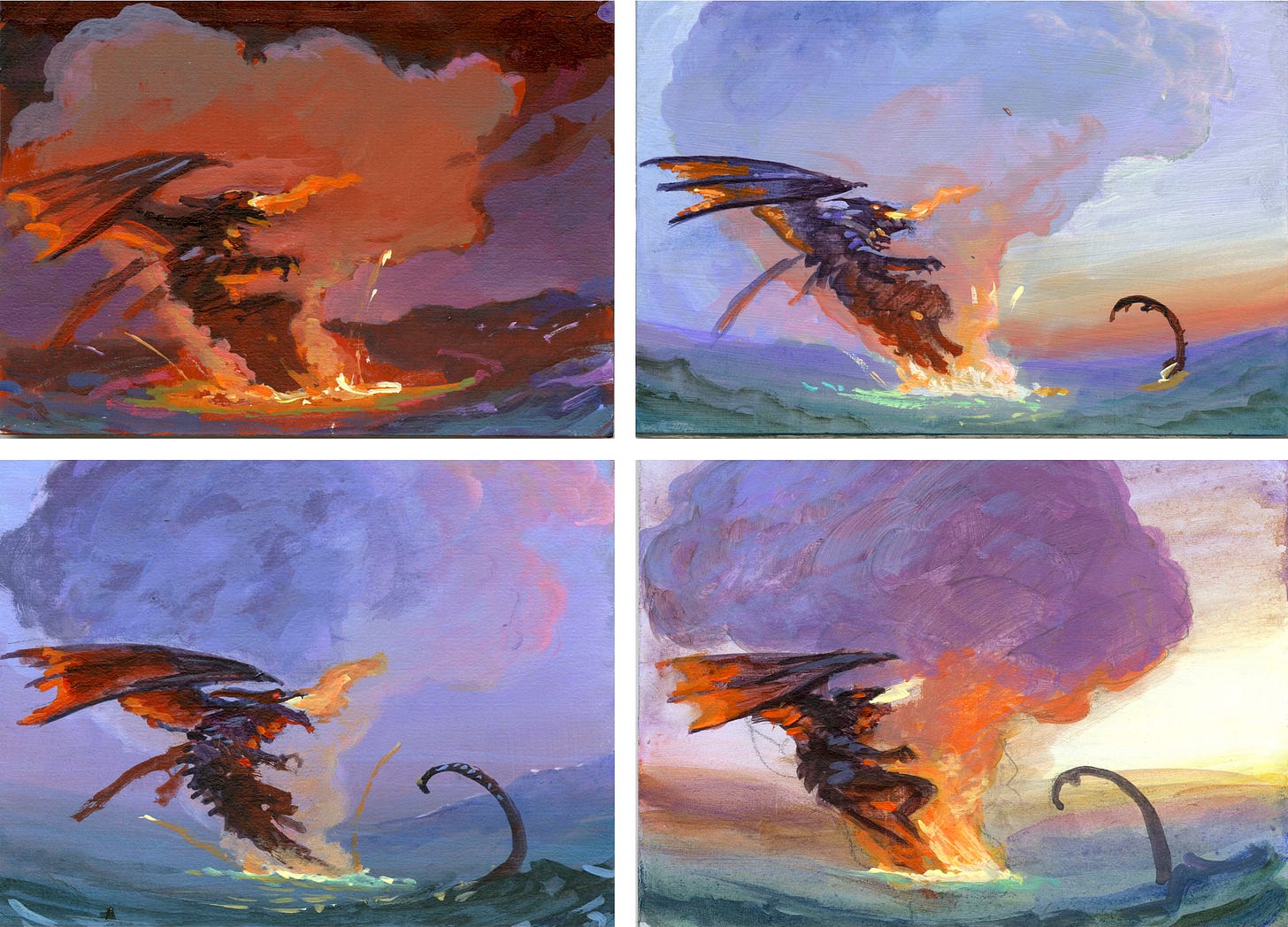 Two rows each containing two rough color studies for DEATHWING in the final pose.