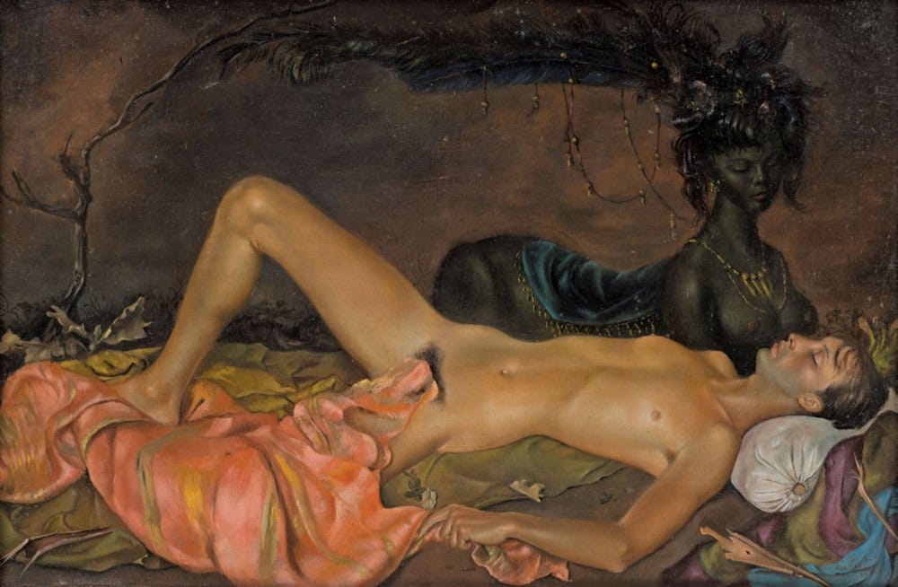 Leonor Fini, Divinité chtonienne guettant le sommeil d’un jeune homme (Chthonian Deity Watching over the Sleep of a Young Man), 1946, oil on canvas, 11 × 16 1⁄4". Leonor Fini, Divinité chtonienne guettant le sommeil d’un jeune homme (Chthonian Deity Watching over the Sleep of a Young Man), 1946, oil on canvas, 11 × 16 1⁄4".