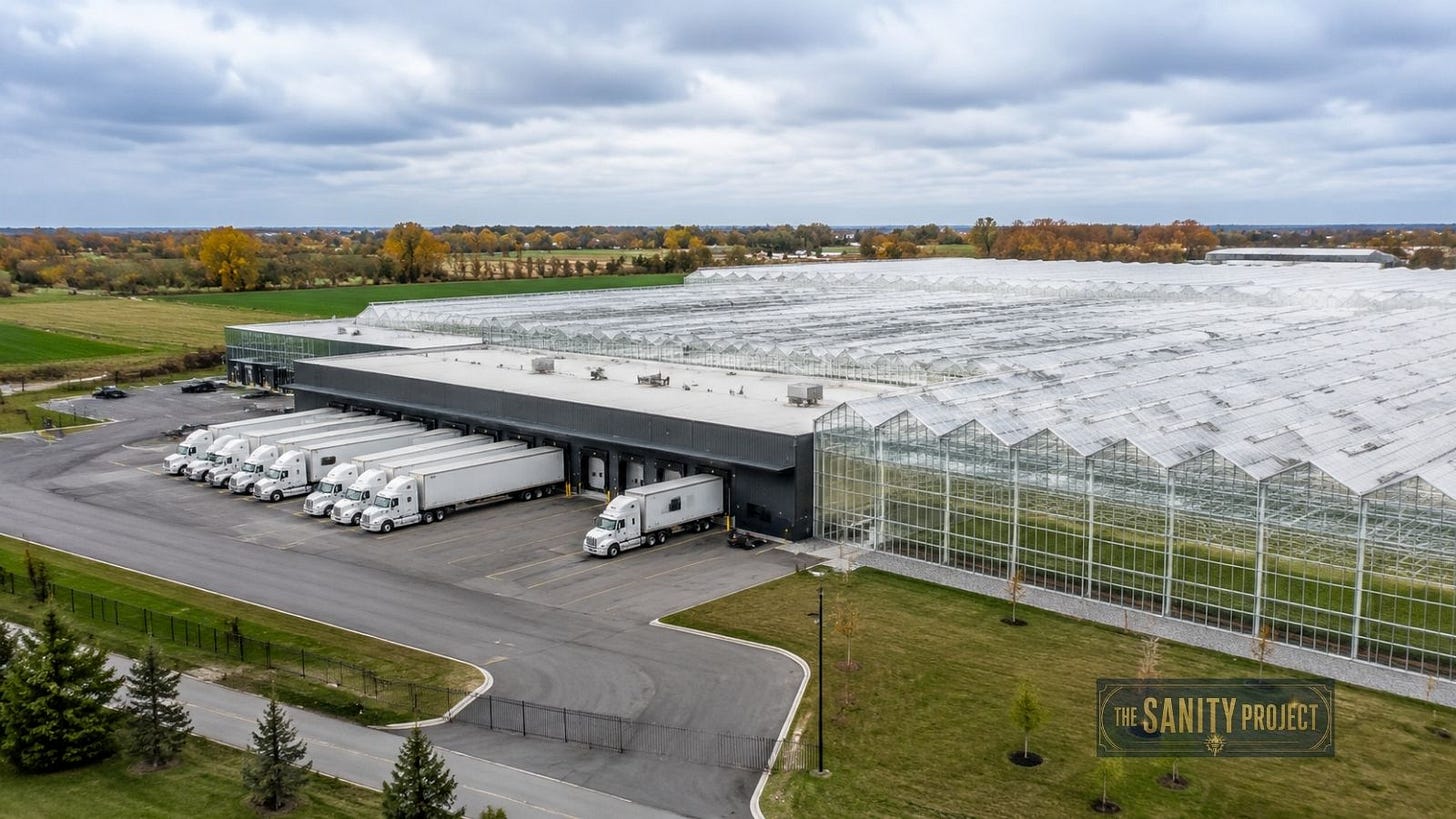 A large Ontario greenhouse operation with logistics trucks, illustrating Canadian agriculture ownership consolidation. A large Ontario greenhouse operation with logistics trucks, illustrating Canadian agriculture ownership consolidation.
