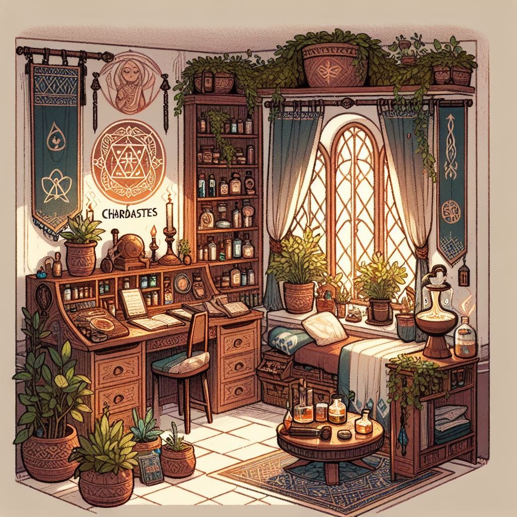Thumbnail Image the cozy quarters of a priestess of Chardastes, the Immortal of healing and renewal in Mystara. The room reflects her devotion: a healing shrine stocked with potions, herbs, and medical tools; sacred symbols adorning the walls; a simple bed and writing desk; houseplants lending life to the space; and a small fountain whose gentle trickling provides a soothing backdrop. Thumbnail Image the cozy quarters of a priestess of Chardastes, the Immortal of healing and renewal in Mystara. The room reflects her devotion: a healing shrine stocked with potions, herbs, and medical tools; sacred symbols adorning the walls; a simple bed and writing desk; houseplants lending life to the space; and a small fountain whose gentle trickling provides a soothing backdrop.